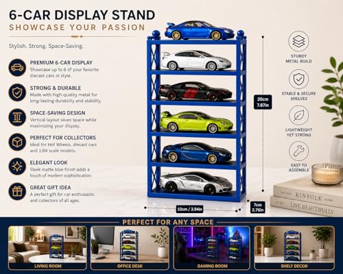 Image of 6-Car Display Rack - Premium Matte Black Tabletop Organizer with Tire Slots & Side Guards for 1:64 Scale Diecast Cars (Hot Wheels, Matchbox, Tomica,)(NO CAR INCLUDED) (Blue)