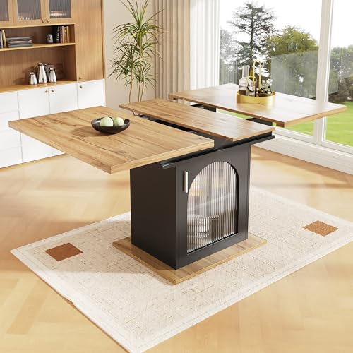YEHTOKHOME Table à Manger Extensible 4-6 Personnes, Table de Cuisine avec Portes en Verre Arc-en-Ciel et Étagères Réglables, pour Petits Espaces,...
