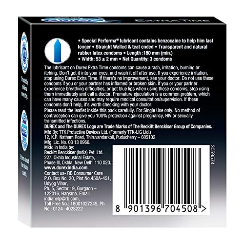 Durex Extra Time Condoms for Men - 3 Count | Performa Lubricant for Long Lasting Climax Delay | Suitable for use with lubes & toys - Image 7