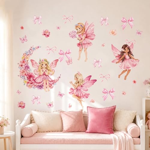 Image of 2Pack Wall Stickers for Girls Bedroom, Butterfly Flower Fairy Decals for Kids Room Decor, Peel and Stick Wall Art for Nursery