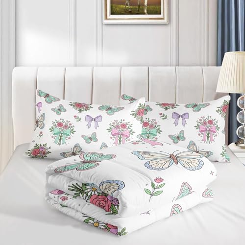 Image of AILONEN Queen Pastel Butterfly Comforter Set, Floral Bouquet Bow Bedding, Mint Rose Garden Decor, Lightweight Cozy Microfiber Luxury Guest Master Bedroom