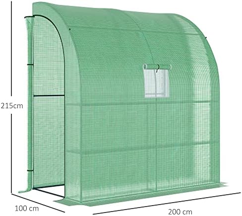 Outsunny Walk-In Lean to Wall Greenhouse with Windows and Doors 2 Tiers 4 Wired Shelves 200L x 100W x 215Hcm Green