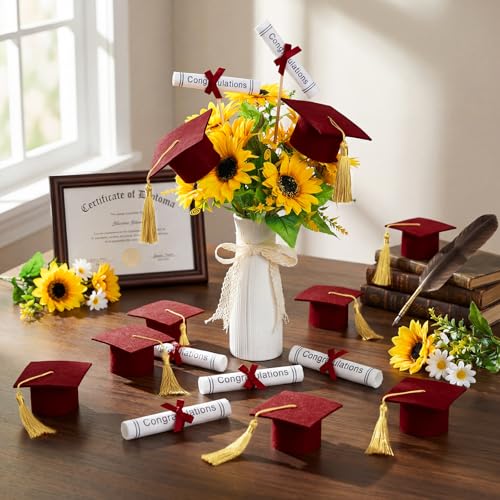 Image of Breling 12 Pcs Burgundy and Gold Graduation Centerpiece Sticks Felt Graduation Scroll Diploma and Grad Cap with Tassel Decor 2026 Table Toppers Centerpiece Party Supplies for Grad Party Decorations