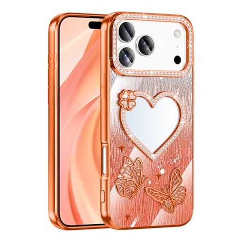 Coque iPhone 15 orange rigide anti-rayures avec miroir papillon chic pour femme