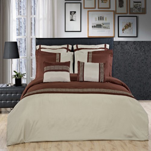 Blancho Bedding Astrid Sage/Chocolate Embroidered 7 Piece Duvet Cover Set King/Calking