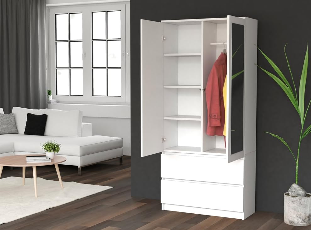 BDW Armario con espejo, 90 x 180 x 50 cm, 2 cajones, 4 estantes, ideal para un dormitorio, pasillo, habitación infantil u oficina, perchero, perchero (blanco)