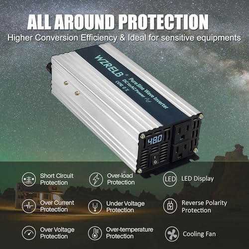 Image of WZRELB 600W Pure Sine Wave Inverter 12V DC to 110V 120V AC Power Converter with LED Display, Remote Controller, Off-Grid Power Inverter 1200W Surge for Home, RV, Truck, Camping