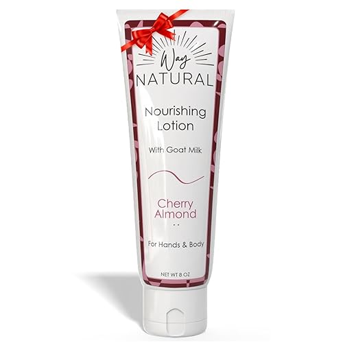 Loción nutritiva de leche de cabra, almendra cereza (8 onzas), loción natural de almendras de cereza para manos y cuerpo para aliviar la piel seca,