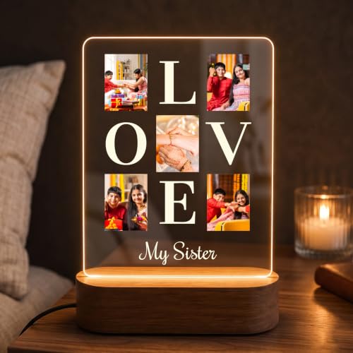 Image of Giftplease Personalised Rakhi Gift for Sister - Custom Acrylic Photo Collage Frame with Wooden Base, Meaningful Raksha Bandhan Keepsake from Brother, Personalized Memory Display for Siblings, Decor