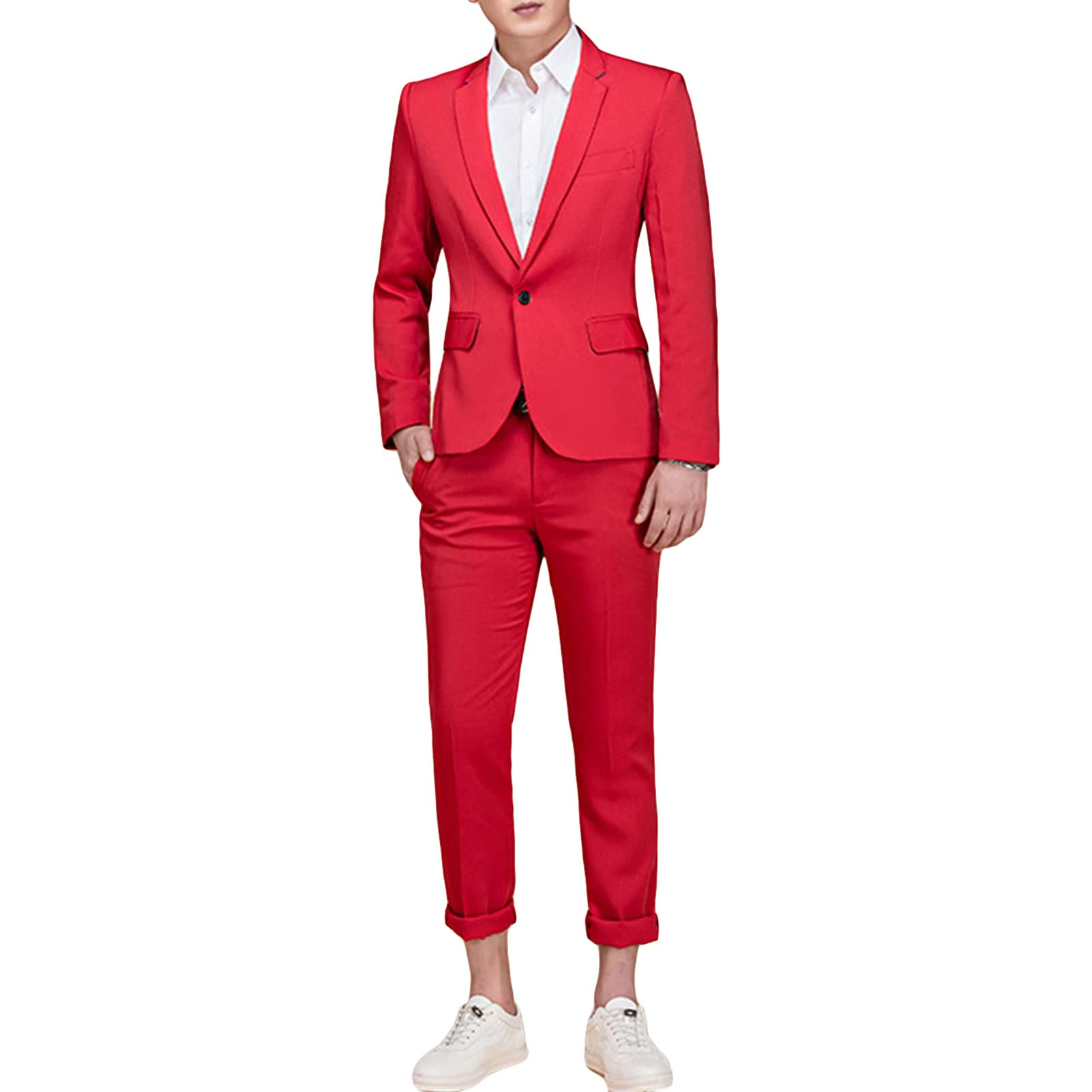 Men's Slim Fit 2 Pieces Suit One Button Solid Formal Blazer & Pants Single Breasted Prom Wedding Tuxedo Set (Red,3X-Large)