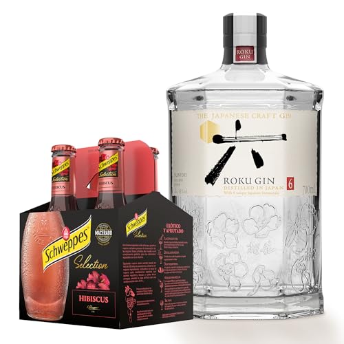 Roku Gin Ginebra Artesanal Japonesa Premium, 43%, 700ml + Schweppes Selection Tónica Hibiscus, Bebida Refrescante - Vidrio, Pack 4x20cl