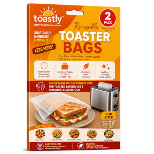 Reusable Toaster Bags 2 Pack Non Stick Toastie Bags for Toaster Reusable Sandwich Bags Heat Resistant BPA Free Reheating Food Pizza Toasties 16 x 18cm