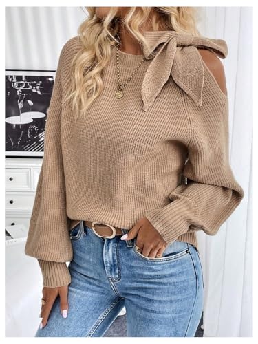 GORGLITTER Women's Bow Sweater Cut Out Tie Shoulder Long Sleeve Knit Pullover Tops Fall Fashion3