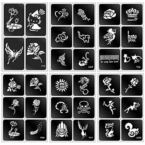 HNYYZL 34Pcs Temporary Tattoo Stencil Templates, 6 Sheets Semi Permanent Tattoo Freehand Self Adhesive Tattoo Sticker Stencil with Special Design, for Hand Body Face Paint
