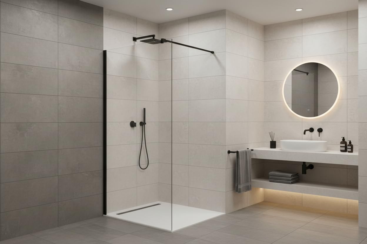 Walk in Shower Enclosure Black Trim 8mm Tempered Safety Glass Wetroom Shower Screen Panel (1100mm Screen Only)