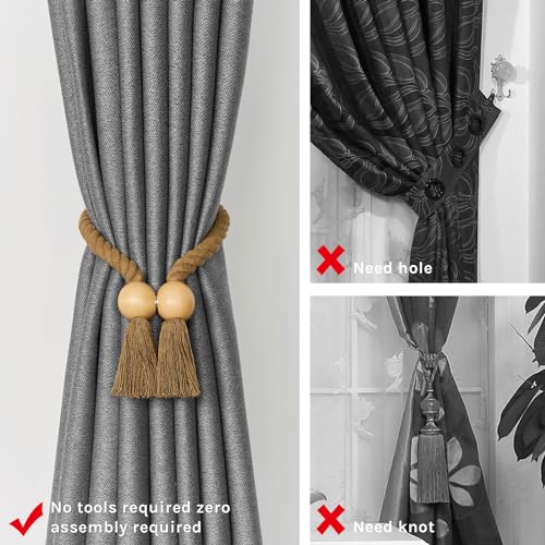 Pretty Jolly 4 Pack Wooden Ball Magnetic Curtain Tiebacks Boho Home Decor Drape Tie Backs Natural Cotton Hand Woven Rope Curtain Holdbacks for Thin & Thick Home & Office Window Draperies (A-Khaki) - Image 2