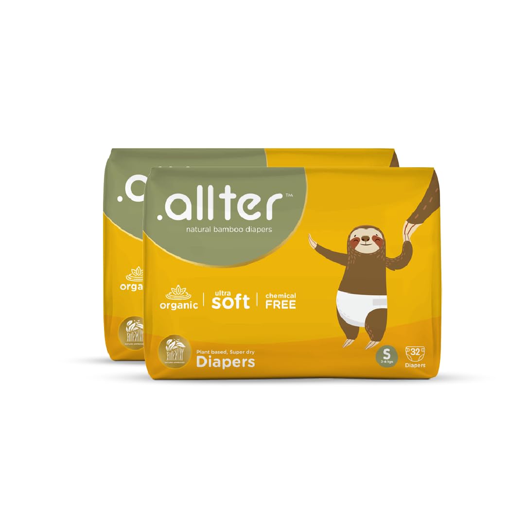 Allter Organic Bamboo Diapers – Small Size (3-6kg) | Rash Free, Super Dry, Quick Absorb, Taped Style, Ultra Soft Diapers | Explorer | 64 Count (Pack of 2)
