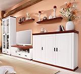 Bestehend aus einer Vitrine, TV-Lowboard, Sideboard mit Holztüren und einem zweiteiligen Wandregal-Set