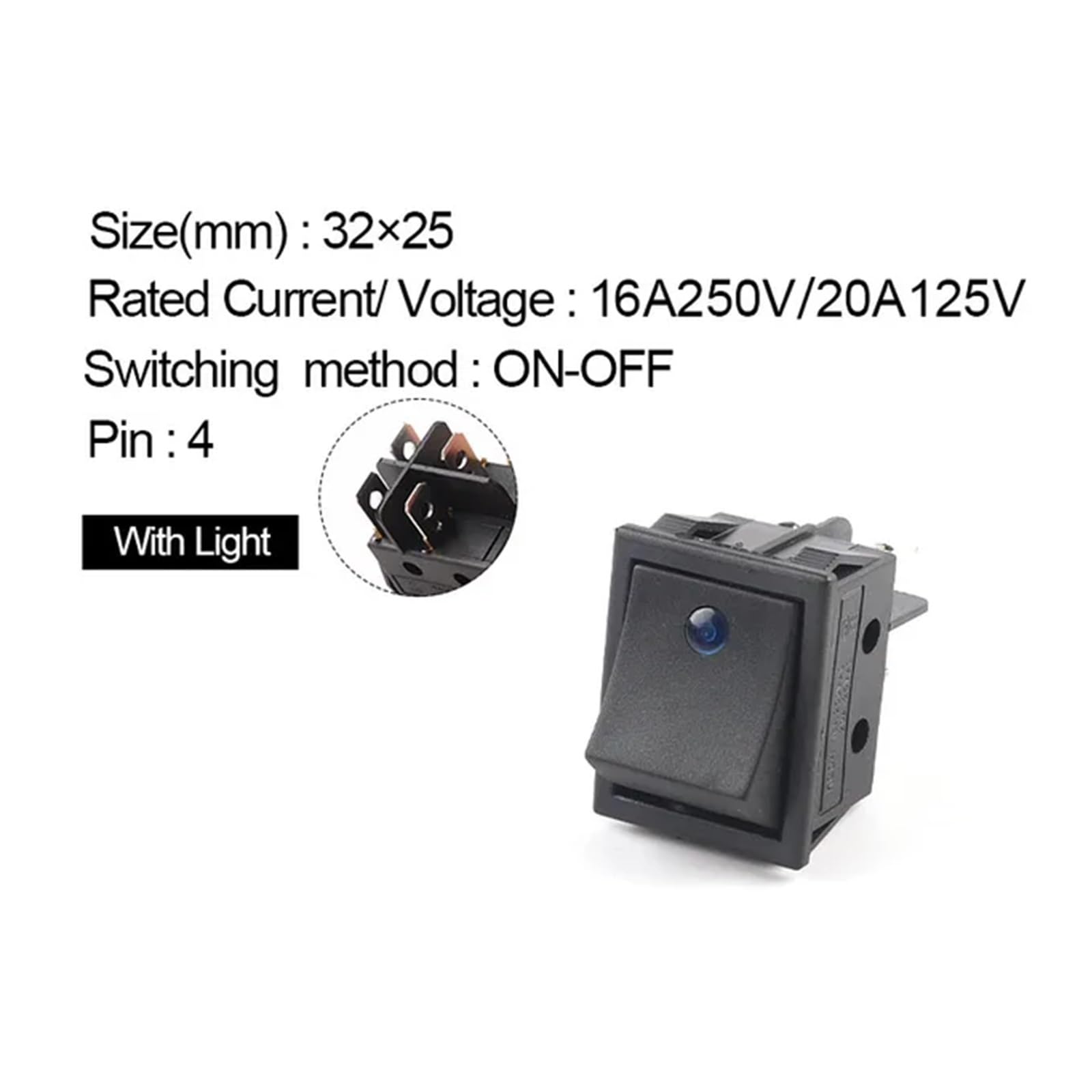 5PCS KCD4 ON-Off 32x25mm Rocker Switch 4Pin 16A 250V/20A 125V Power Switch Car Auto Boat Electrical Rocker Switch with Dot Light(4Pin Blue Light)