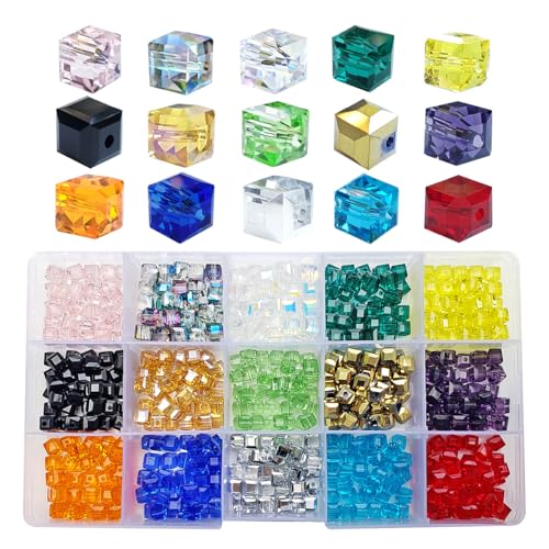 Image of 6mm Cube Glass Beads for Jewelry Making 525pcs AB Colour Faceted Square Shape Colourful Crystal Spacer Beads Assortments Supplies Accessories for Bracelet Necklace with Cord