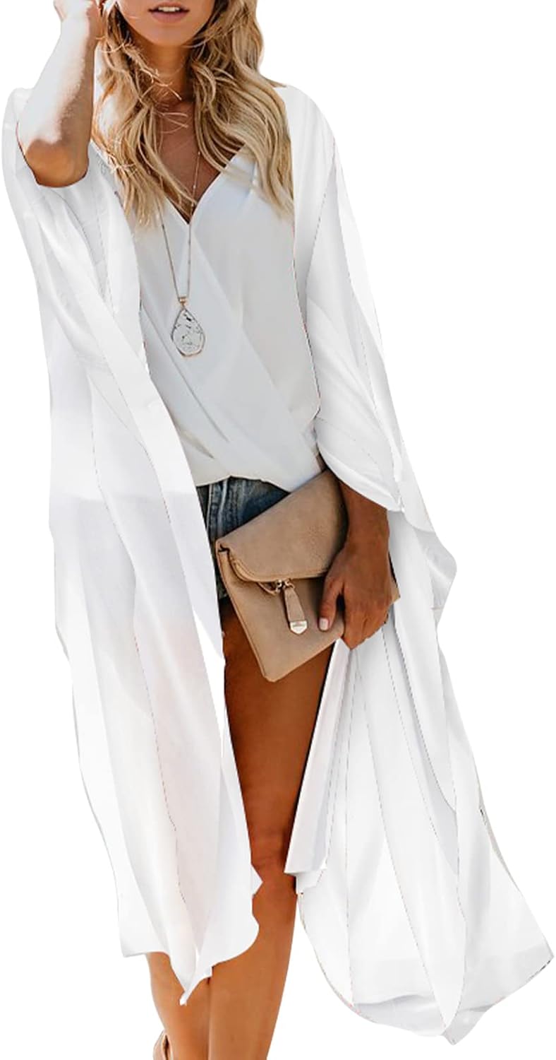 MayBuy Women's Summer Long Flowy Kimono Cardigans Boho Chiffon Beach Cover Up Tops