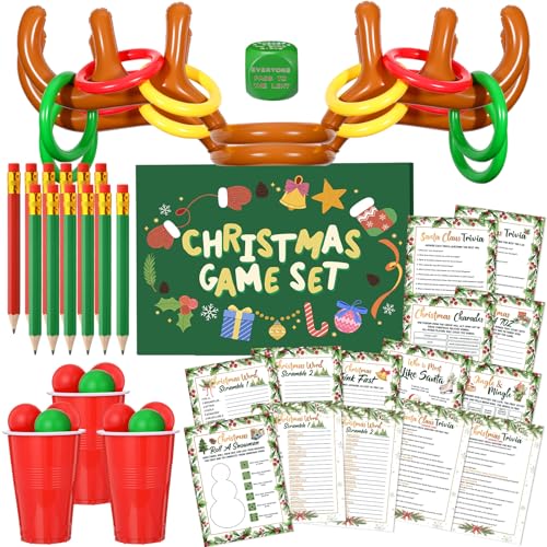 Lunmon 154 Pcs Christmas Games Set Fun Xmas Families Trivia Games Cards Inflatable Reindeer Antler...