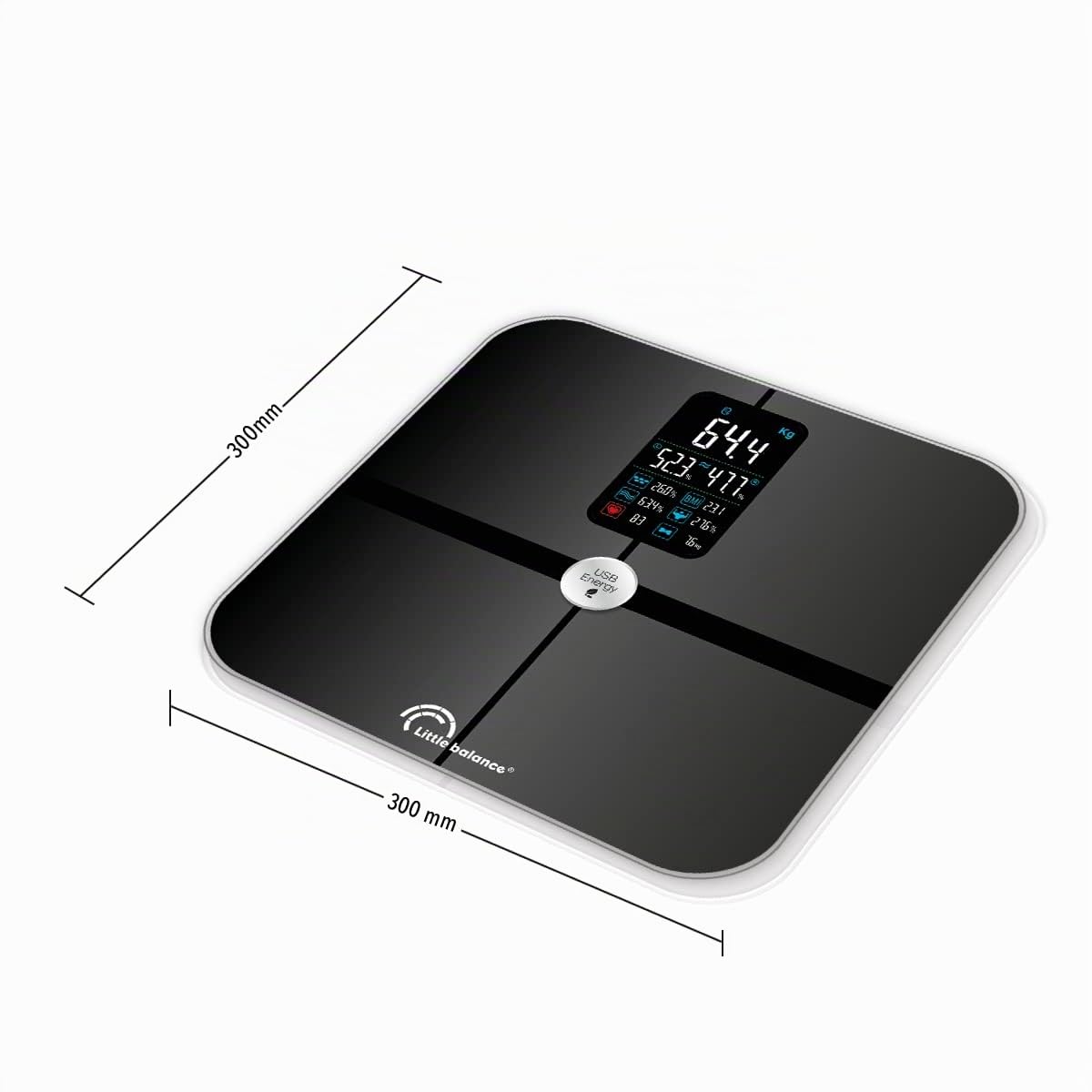 Little balance 8415 Cardio Connect 4 USB, Impedenzimetro connesso senza batteria, ricaricabile USB, 180 kg, vetro temperato, nero