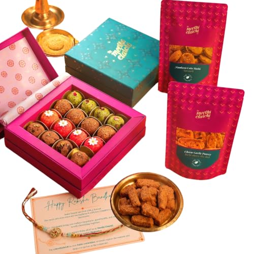 Image of Meethi Elaichi Rakhi Hamper|Fusion Sweets, Savories|Designer Rakhi & Gift Box of 16