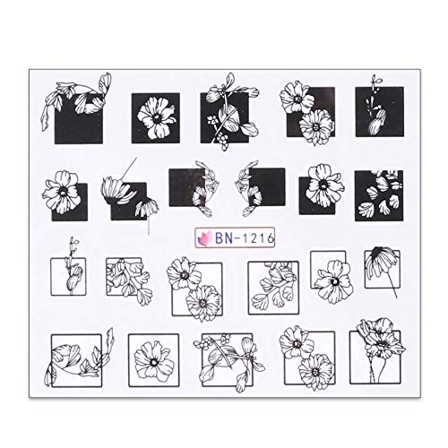 ZJMIYJ Nagelsticker,6 Stück Schwarz Weiß Blumen Aufkleber Für Nägel Grüne Blätter Wasser Aufkleber Schieber Nail Art… – Bild 4