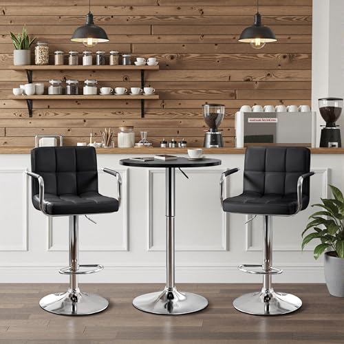 Yaheetech 3-Piece Bar Table Set, Round Bar Table and PU Leather Adjustable Swivel Chairs, Modern Counter Height Table Set with 2 Bar Stool for Kitchen, Black