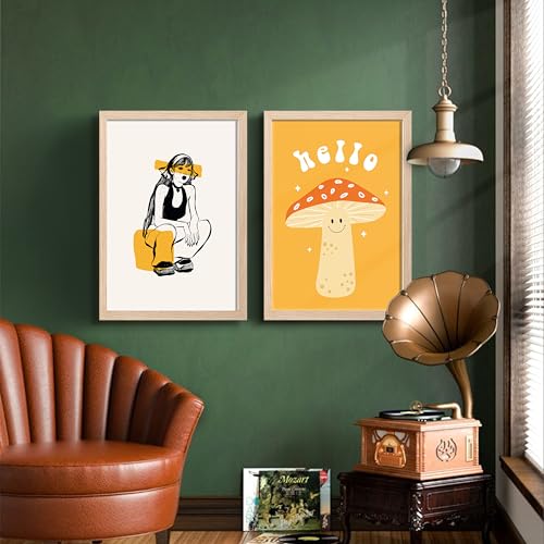 Image of NoWorries Aesthetic Pop Art Wall Framed Painting Set | Girl Illustration & Cute inchHello inch Mushroom Art Prints | Premium 300 GSM Paper Print with Synthetic Wooden Frames | Modern Abstract Wall Decor for Living Room, Bedroom & Office (Set of 2) (NATURAL, ART-1, 10X13INCHES)