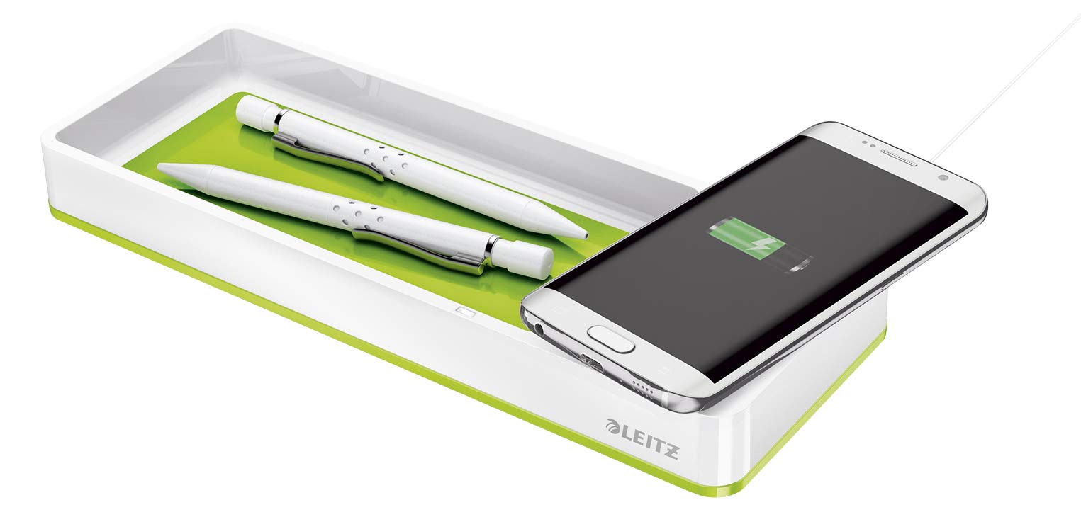 Leitz Organizador de Escritorio con Cargador de Móvil Inalámbrico Qi, Gama WOW, Blanco/Verde, 53651054