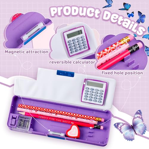 Image of Henoyso Multifunctional Pencil Box for Girls, Butterfly Pencil Case with Calculator and Sharpener, 2026 Back to School Supplies Organizer for Kids Teens Students, Elementary Classroom Gift