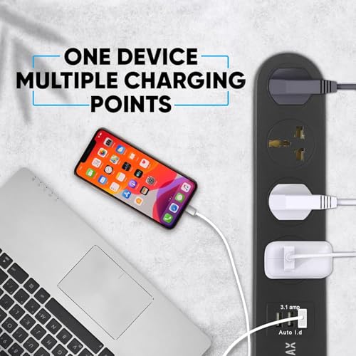 Image of ADDMAX Extension Board with USB - 4 Socket Power Strip, 3 USB Ports, 10 Meter Heavy-Duty Cord, 10A Surge Protector, Fireproof Multi Plug Extension for Home, Office, TV, Computer - Black