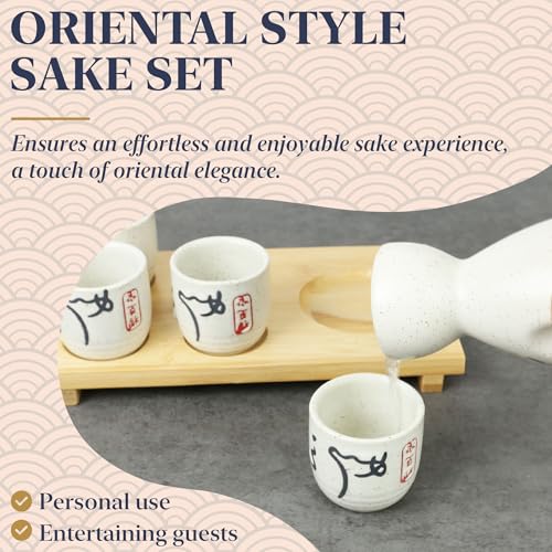 PUNNIO Ceramic Sake Set, 5pcs Japanese Saki Set with 1 Sake Carafe 4 Sake Cups, Saki Cup Set as Gift for Sake Japanese Wine/Hanzo Sake/Soju/Sake Drink/Saki Drink/Tea (White-R)