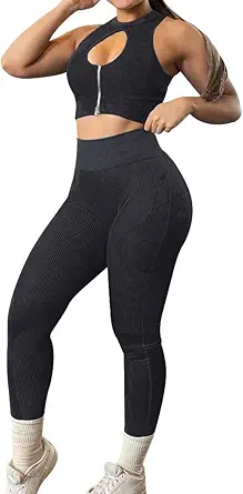 OLCHEE Womens Workout Sets 2 Piece - Seamless Ribbed Acid Wash Yoga Outfits Leggings and Keyhole Zip Crop Top Bra Gym Clothes