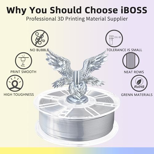 Image of iBOSS Silk PLA Plus Filament 1.75mm Silver 1KG, 3D Printer Filament Dimensional Accuracy + /- 0.02mm, 1kg Plastic Spool(2.2lbs) Shiny Silk 3D Printing Filament Fits for Most FDM 3D Printers