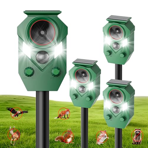 Solar Powered Ultrasonic Animal Repeller with Motion Activated LED Strobe Lights Deterrent for Squirrels, Deer, Rabbits, Skunks, Cats & Dogs Protects Garden, Yard, Lawn, Farm & Crops, 4-Pack
