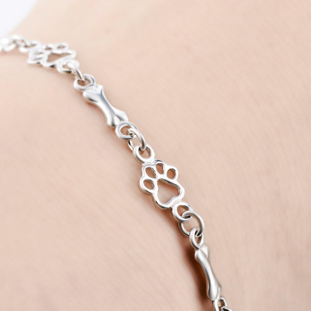 LUHE Paw Print Bracelets Gifts for Women 925 Sterling Silver Cute Dog Cat Bone Paw Bracelet for Girls, 7.5" Christmas Gifts - Image 2