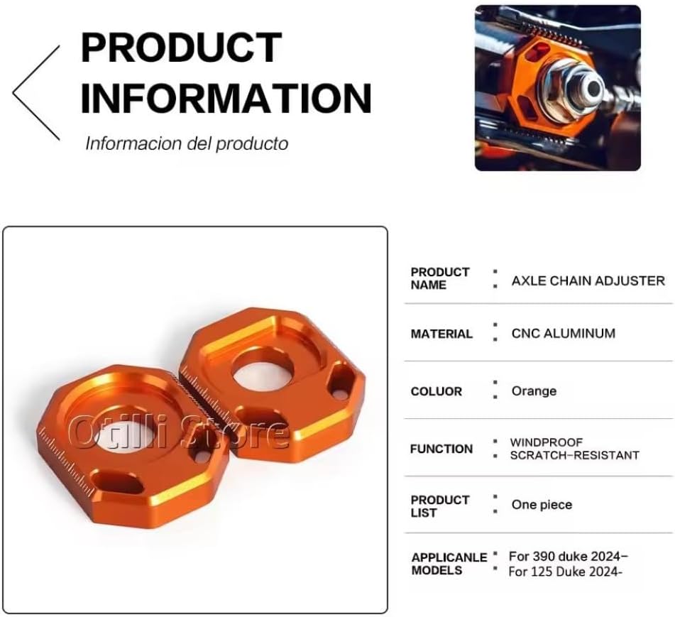 Compatible with DUKE 390 125 Duke390 Duke125 2024 2025 Rear Chain Adjuster Axle Block Orange CNC Aluminum Regulator Sliders Tensioner with Logo