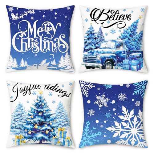 NymphFable 4er Set Kissenbezüge Weihnachten Blau 45 x 45 cm, Schneeflocke Weihnachtsbaum Samt Dekorative Zierkissenbezüge Kissenhülle für Sofa Wohnzimmer Schlafzimmer Weihnachtsdeko