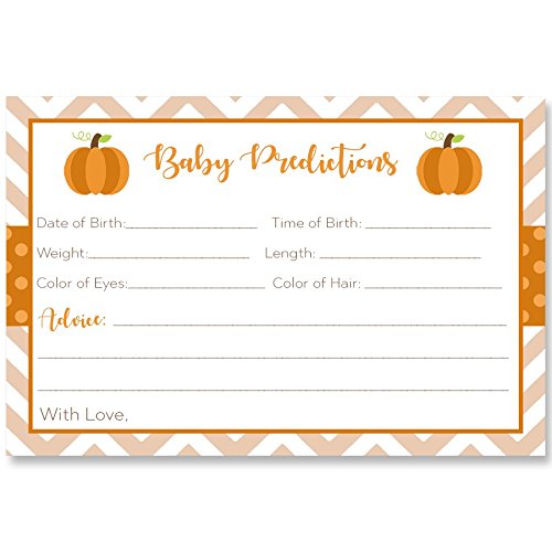 Predictions For Baby, Chevron Little Pumpkin, White, Orange, Brown, Green, Polka Dots, Chevron Stripes, Fall Baby, Autumn, Pumpkin Baby Shower, 24 Printed Cards
