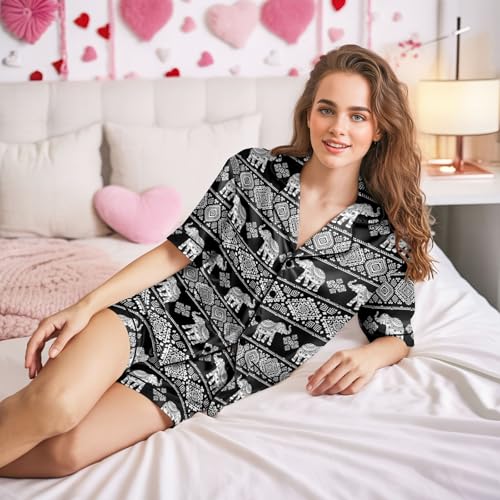 Image of Women's satin pajamas set, Short-sleeve button down Loungewear | Exclusive print on soft satin fabric; breathable comfort for sleep or lounge; button front top, elastic shorts; easy care