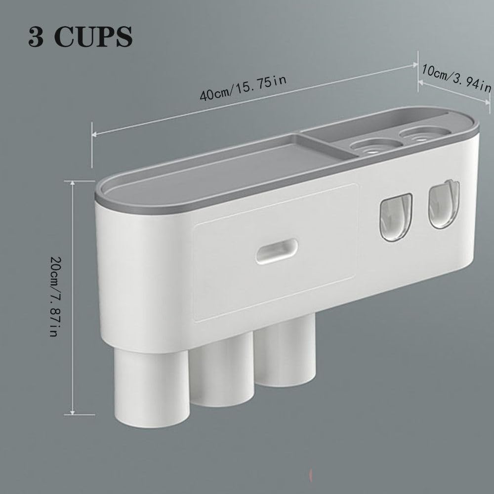 Soporte para Cepillo De Dientes De BañO con Dispensador AutomáTico Doble De Pasta De Dientes, Soporte para Cepillo De Dientes Montado En La Pared para 2/3/4/5 Tazas, 6 Ranuras para Cepillos,3cups
