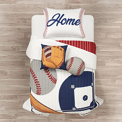 Lush Decor Baseball Game Reversible Quilt Twin Size 4 Piece Set White & Red - Toddler Bedding Set Twin Quilt - Sports Bedroom Decor - Baseball Bedding