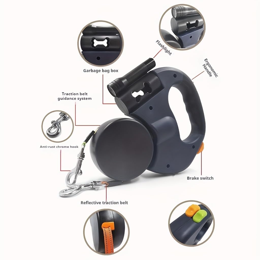 Correa Retráctil Doble para Perros con Linterna Y Dispensador De Bolsas Telescópica Anti-Enredos 360° Paseo Resistente para 2 Pequeños/Medianos Cuerda Nylon Reflectante(Black)