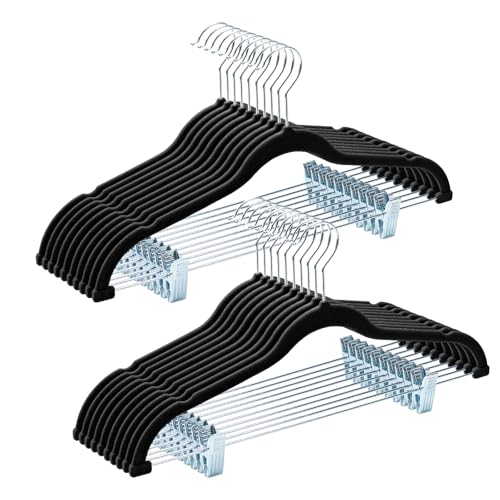 HOUSE DAY Velvet Hangers with Adjustable Clips 20 Pack, Non-Slip Suit Organizer with 360° Hook - Heavy Duty Hanger for Pants, Skirts, Blouses, Dresses - Outfit Hangers All-Season Space Saver (Black)