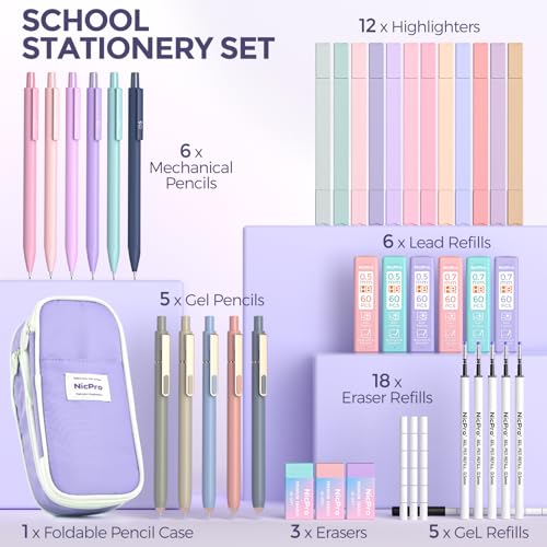 Image of Nicpro School Supplies Stationary Set with Pencil Case, 39 PCS Purple | Back to Schoo Supplies, Pen Case with 12 Highlighter, 5 Gel Pen, 6 Mechanical Pencil, Essentials for College, Nursing Student