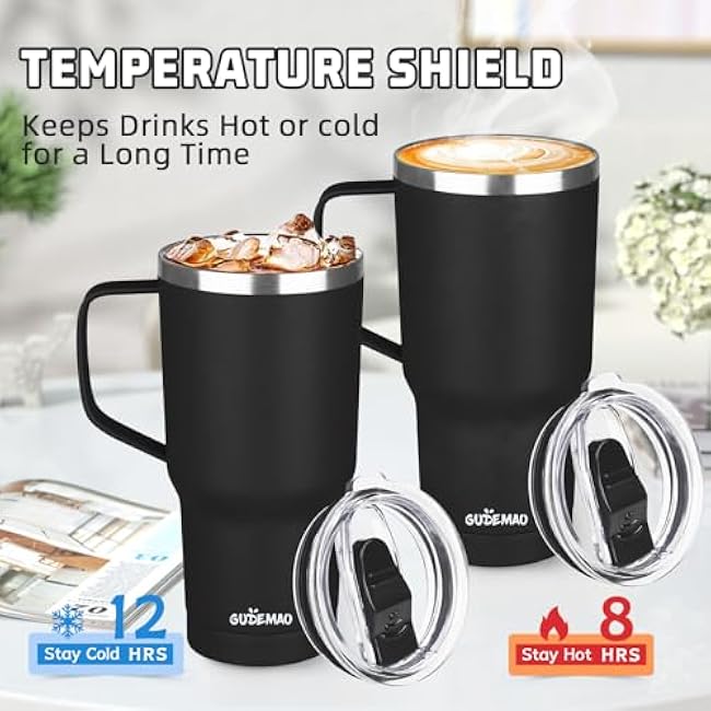 20 oz Insulated Coffee Mug with Ceramic Coating, Stainless Steel Travel Mug Tumbler with Handle Lid and Straw, Double Wall Leak-Proof Thermos Coffee Travel Mug Keeps Drink Hot and Cold (Black)