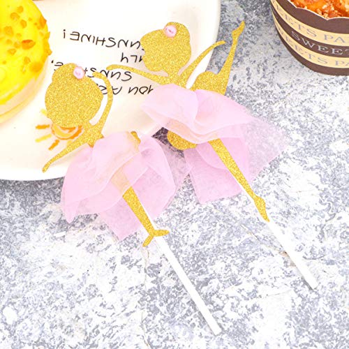 Amosfun 12Pcs Ballerina Decorations Party Cupcake Birthday Toppers Strawberry Topper Ballet Tutu Cake- Gold Glitter Ballerina Dancing Girl Cupcake Toppers Picks #TOP1